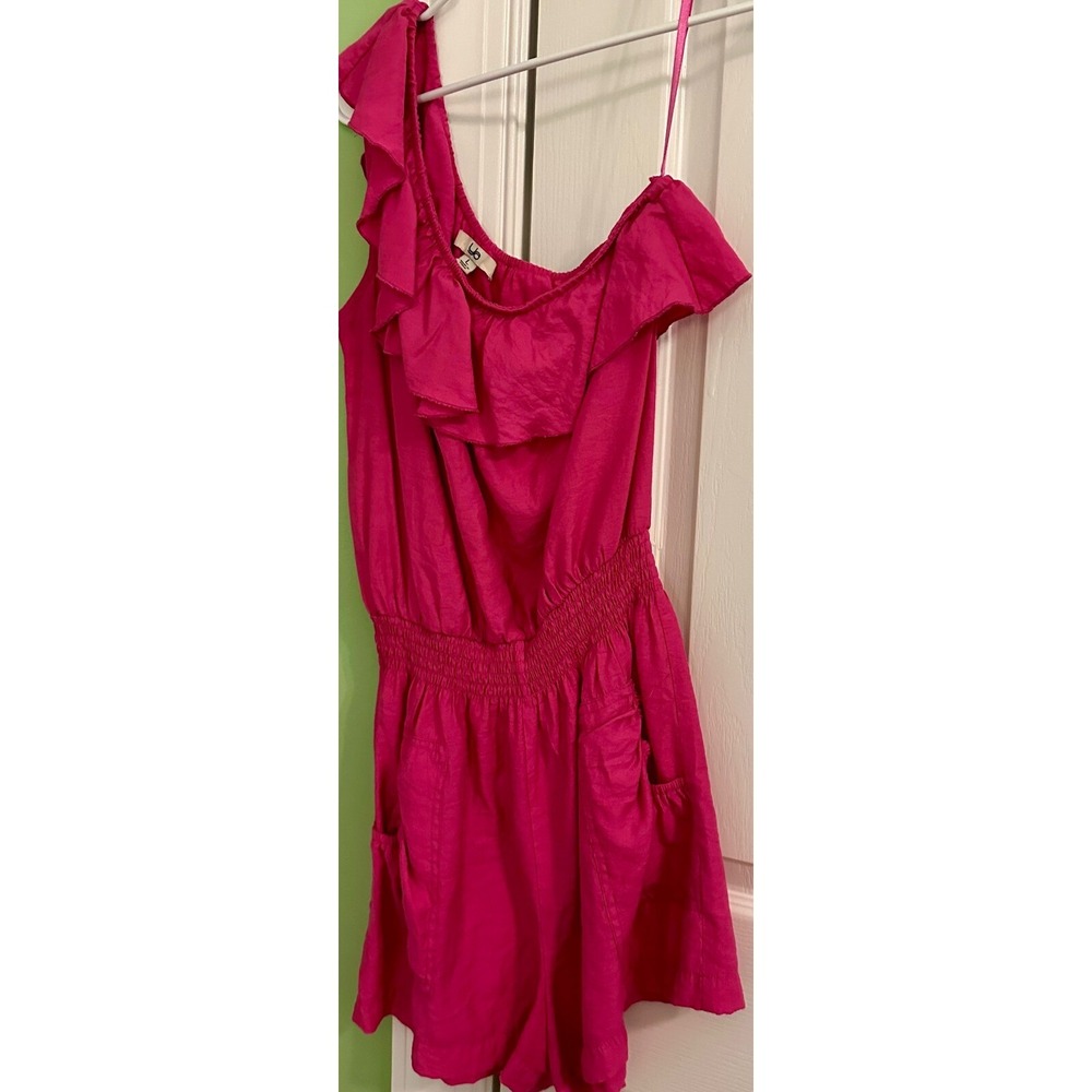 YA Los Angeles Hot Pink One Shoulder Ruffle Romper Smocked Waist Pockets Large